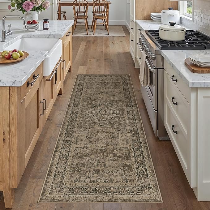 Hallway Runner Rug 2x5 Washable Brown Vintage Distressed Runner Oriental Soft Thin Indoor Carpet Non Slip Low Pile Throw Rug for Kitchen Bedroom Laundry Bedside Entryway