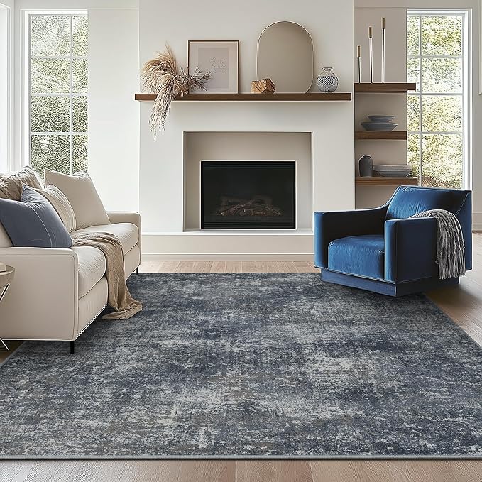 Bavni 8x10 Area Rugs Machine Washable Rug for Living Room, Modern Printed Rug Indoor Soft Area Rug for Bedroom Dining Room, Ultra-Thin Low Pile Carpet with Non Slip Rubber Backing, Dark Gray
