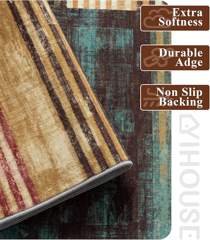 YIHOUSE Brown Area Rug 8x10, Farmhouse Rugs Washable,Vintage Burgundy Carpets for Bedroom,Burnt Orange Area Rug Non Slip,Geometric Boho Rug for Kitchen,Dining Room