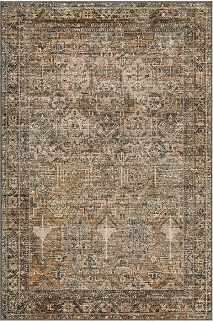 Bavni Washable Rug 6x9 Area Rug for Living Room Bedroom Dining, Washable Vintage Print Carpet, Ultra-Thin Chenille Low Pile Lightweight Rug with Non Slip Backing, Warm Taupe