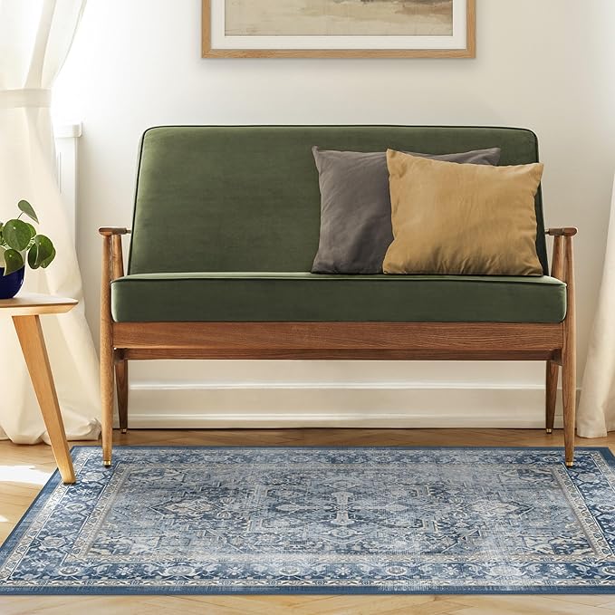 RUGGABLE Washable Area Rug – Kamran Admiral Blue 3x5, Stain-Resistant, Non-Slip – Small Machine Washable Rugs for Living Room, Bedroom, Hallway, Entryway & Office–with Standard Pad