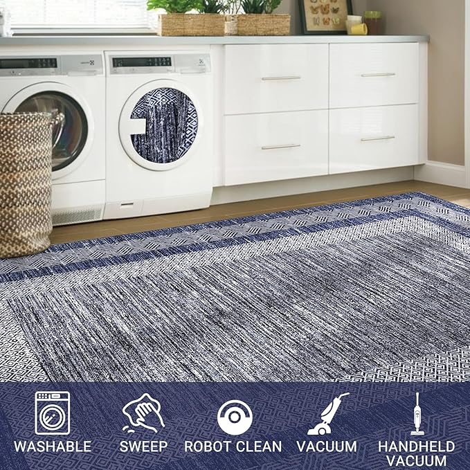 GarveeHome 2x6 Modern Bordered Runner Rug Soft Non Slip Runner Washable Non Shedding Floor Carpet, Distressed Geometric Hallway Runner, Indoor Printed Runner for Kitchen, Entrance, Blue