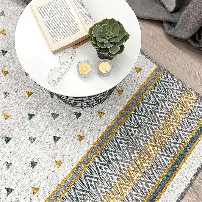 Alfa Rich 7x10 Gold Gray Off White Washable Area Rugs for Living Room Bedroom Kitchen Decor Cotton