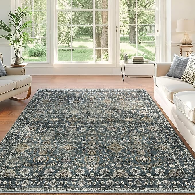 6x9 Rugs for Living Room, Soft Large Area Rugs Blue Washable Rug, Indoor Vintage Rugs for Bedroom Home Office Laundry, Rubber Backed Non Slip Low Pile Carpet, Deep Blue
