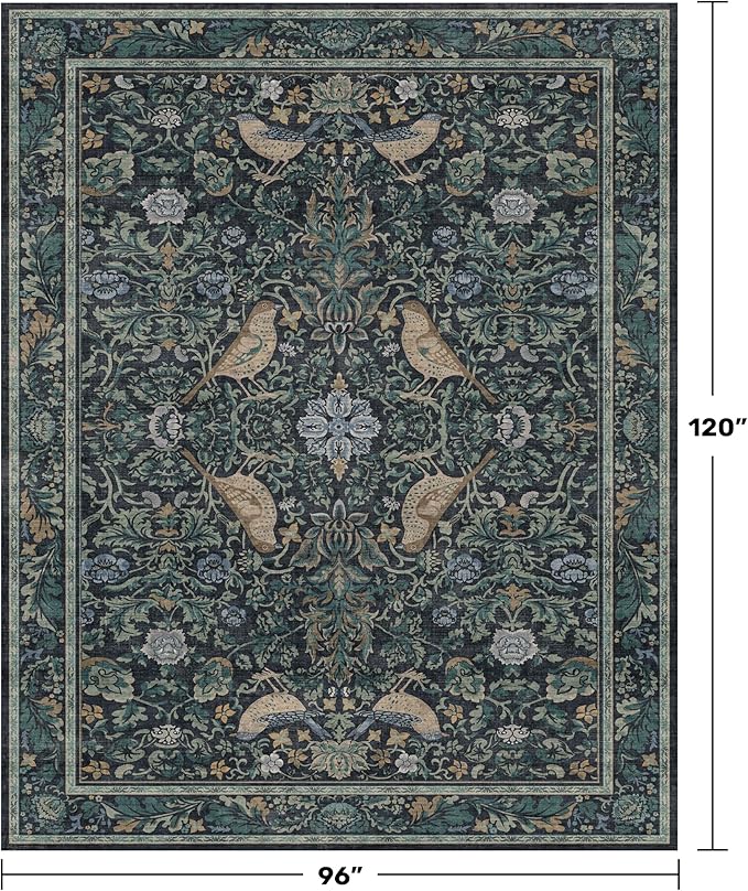 Dark Blue and Green Washable 8x10 Area Rugs for Living Room - Soft Non Slip Botanical Rug for Dining Room Under Table, Bedroom Under Bed, Vintage Large Carpet Decor Stain Resistant