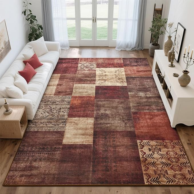 Tepook Modern Area Rug for Living Room, 6x9 Geometric Large Rugs for Bedroom, Washable Patchwork Rug Indoor Non-Slip Throw Carpets for Dining Room Office Farmhouse Home Decor, Red