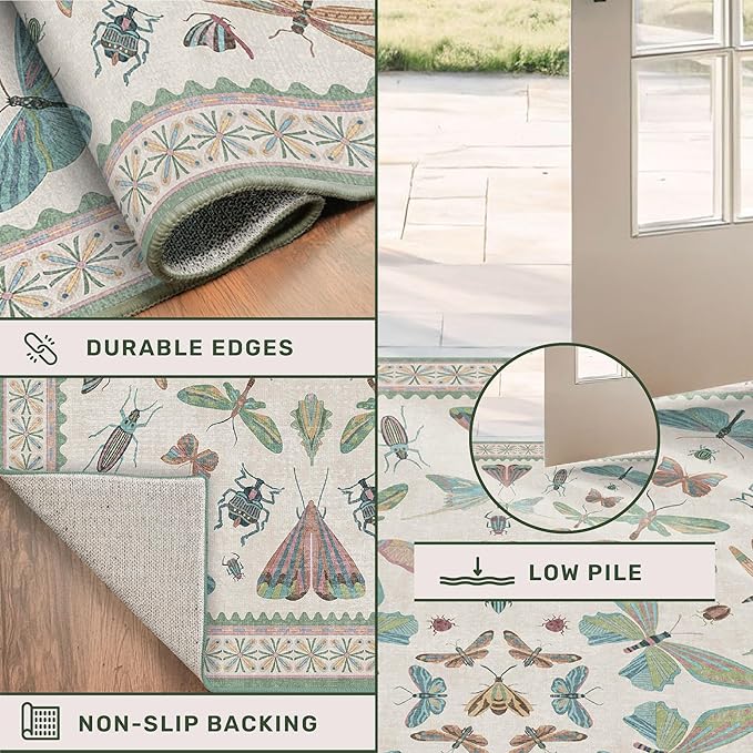 Washable Sage Green Large Entryway Rug, 3x4 Area Rugs for Laundry Room, Kitchen, Bedroom, Dorm, Insect Print Vintage Floral Non-Slip Throw Rug Low Pile Stain Resistance