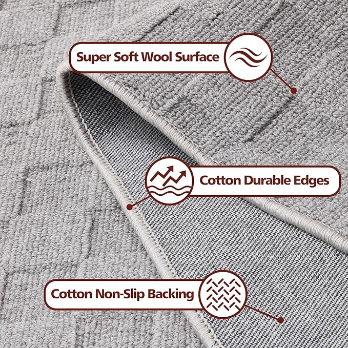 ANSSO Wool Rugs 8x10 for Living Room,80% Merino Wool and 20% Cotton Soft Tufted Area Rug with Cotton Non-Slip Backing,Large Area Rug for Bedroom Bedroom, Dining and Home Office (Deep Gray)