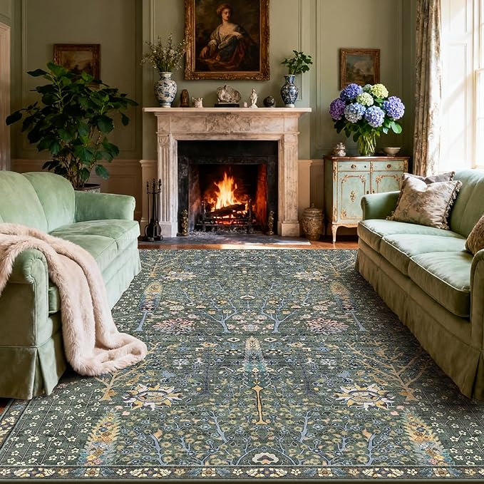 Kokia Boho Vintage Floral Area Rugs, Washable Oriental Botanical Rugs for Living Room, Bedroom, Dining Room, Office, Large Soft Indoor Area Rug, Sage Green，9x12