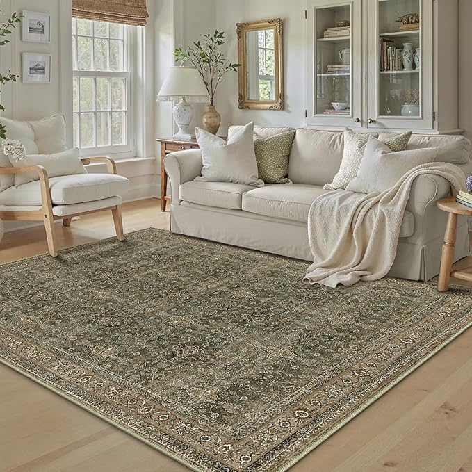 Entryway Area Rug 4x6 Green Brown Vintage Washable Office Carpet Traditional Distressed Indoor Entry Soft Non Slip Small Door Mat Retro Low Pile Thin Rug for Kitchen Laundry Bedroom