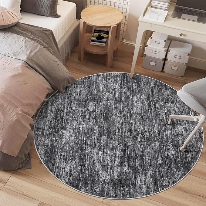 RUGSREAL Washable Round Rug 4x4 ft for Living Room Modern Round Rug Small Bedside Carpet with Rubber Backing Stain Resistant Small Entry Mat Neutral Circle Rug for Bedroom Nursery Home Decor, Grey