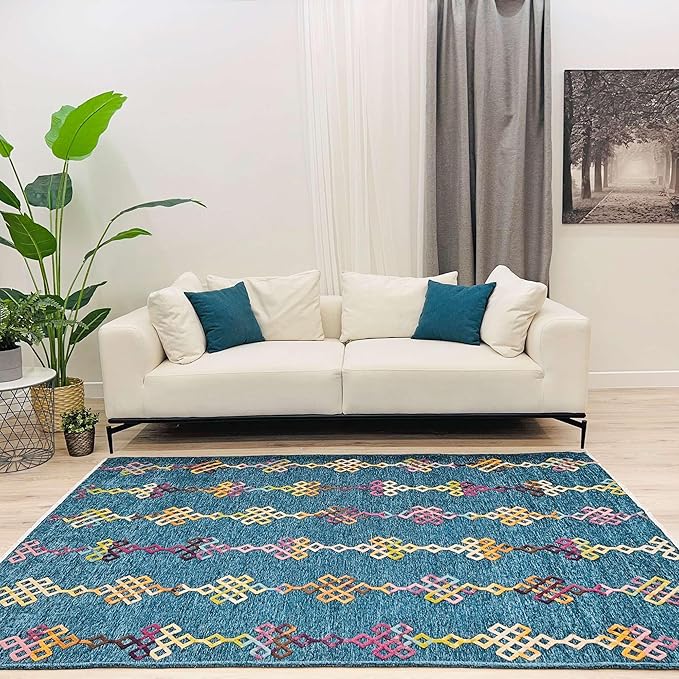 Alfa Rich 5x8 Moroccan Blue Washable Area Rugs for Living Room Bedroom Kitchen Decor Cotton Rug