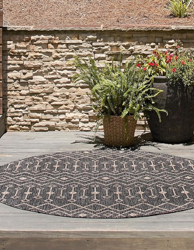 Unique Loom Outdoor Trellis Collection Area Rug - Tribal Trellis (3' 3" Round, Charcoal Gray/ Natural)