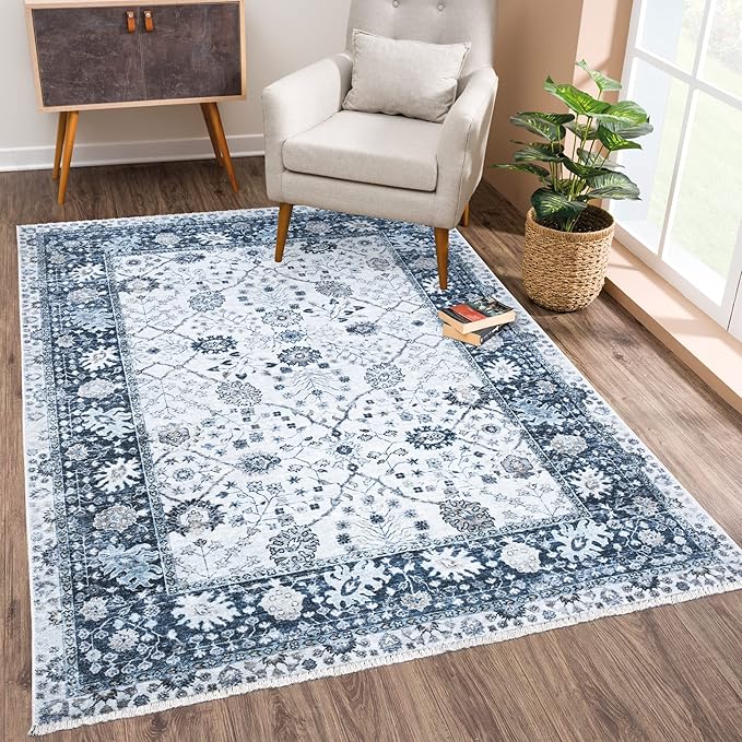Bloom Rugs Caria Washable Non-Slip 3x5 Rug - Navy Blue Traditional Bordered Area Rug for Living Room, Bedroom, Dining Room, and Kitchen - Exact Size: 3' x 5'