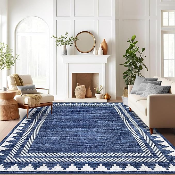 Bordered Printed 10x13 Washable Area Rugs for Living Room Modern Non Slip Foldable Soft Indoor Carpet Geometric Stain Resistant Dining Room Bedroom Large Indoor Rugs, Blue
