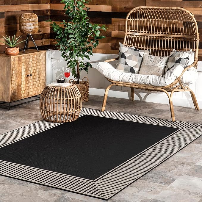 Nuloom Asha Black/Ivory, 9'6" x 12', Casual, Striped Border, Soft and Cozy, High Traffic, Stain Resistant, Easy Clean, Durable Area Rug for Indoor/Outdoor Patio, Deck, Porch, Garden, Courtyard