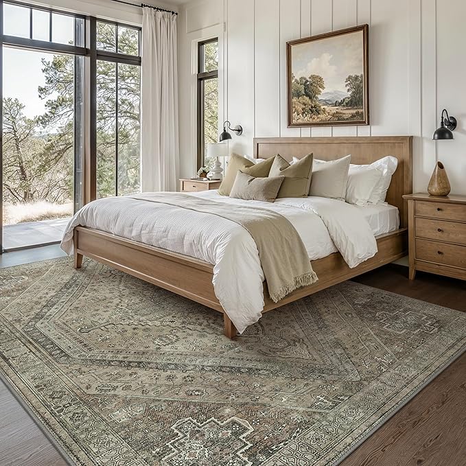 Bavni Washable Rug 3x5 Area Rug for Living Room Bedroom Dining, Washable Vintage Print Carpet, Ultra-Thin Chenille Low Pile Lightweight Rug with Non Slip Backing, Tan