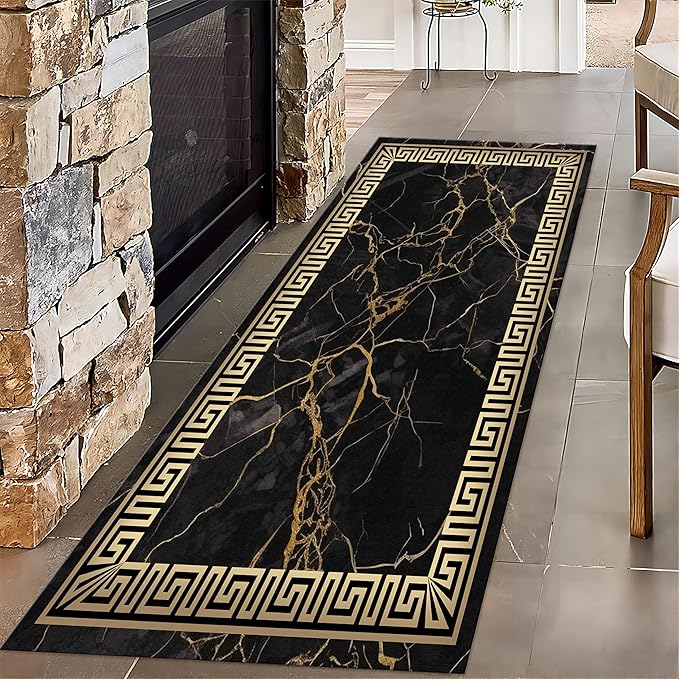 Black Gold Marble Texture Entryway Carpet, 3.3x10ft, Greek Key Geometric Design Bedroom Rug, Abstract Gold Crack Breathable Floor Rugs, No Crease Washable Carpets for Front Door
