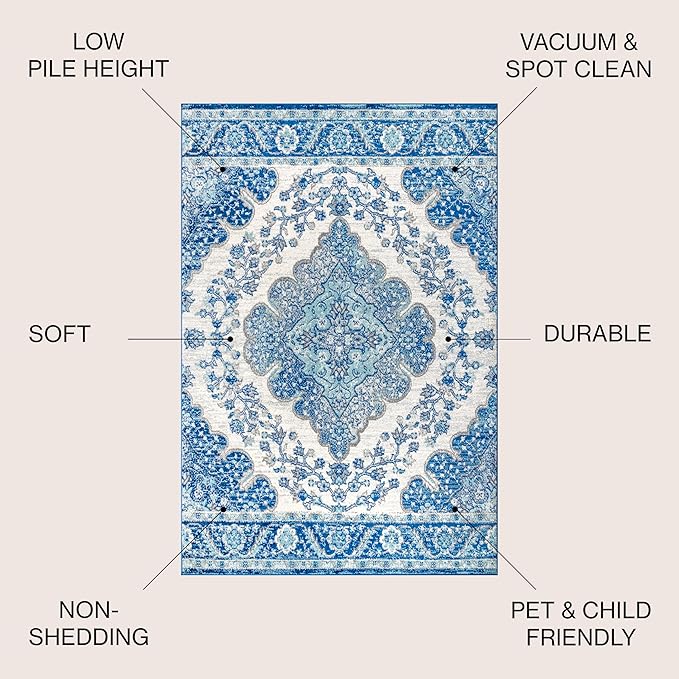 JONATHAN Y Boho Vintage Cream/Blue Indoor Area Rug, 5x8, Bohemian Flair Medallion, Floral Easy-Cleaning High Traffic for Living Room, Bedroom, Kitchen, Pet-Friendly, Non-Shedding (BMF106B-5)