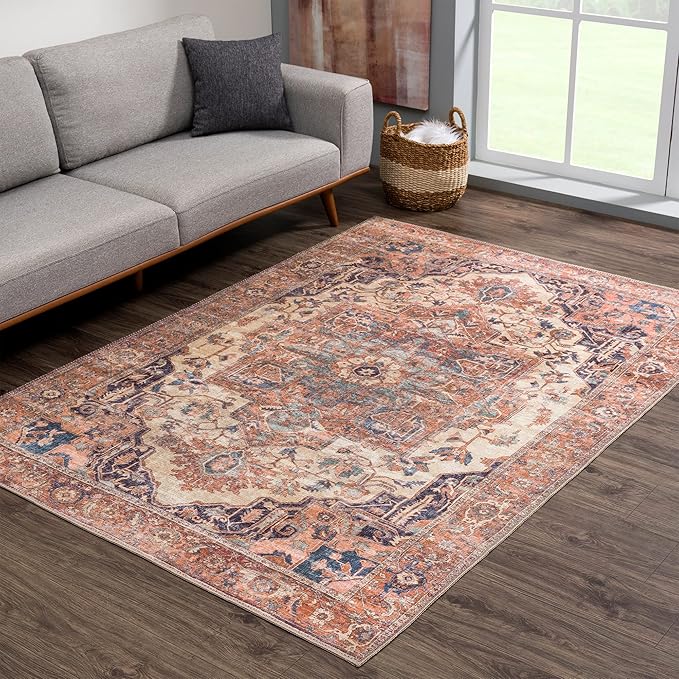 Bloom Rugs Washable 9' x 12' Rug - Beige/Terracotta Traditional Area Rug for Living Room, Bedroom, Dining Room, and Kitchen - Exact Size: 9' x 12'
