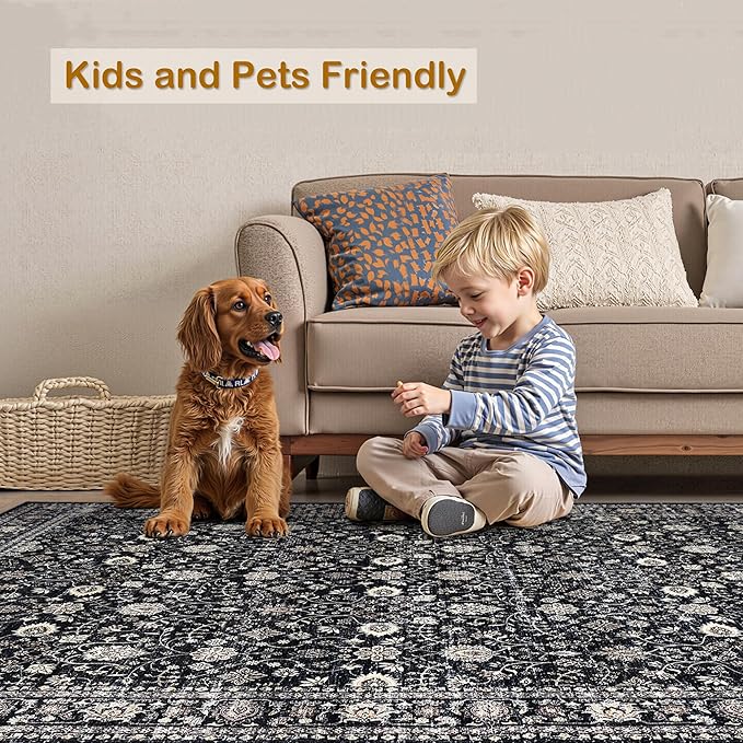Washable Rug 9x12,Boho Vintage Oriental Washable Rugs,Collapsible Area Rug for Bedroom, Entryway, Kitchen, Bathroom