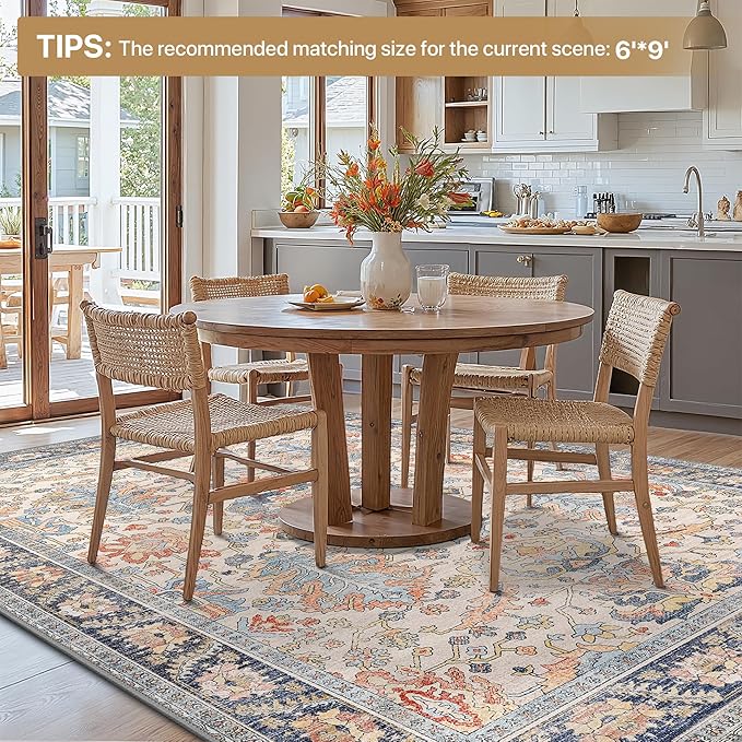 Bavni Washable Rug-6x9 Area Rugs for Bedroom Non-Slip, Ultra Thin Low Pile Living Room Rug, Modern Printed Decorative Rug for Dinning Room Office, Teal/Multi