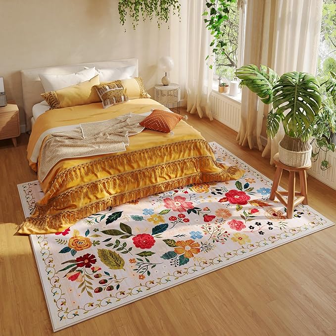 Rugcomf Area Rugs 8x10 Rug for Living Room Clearance Washable Boho Area Rug Non Slip Floral Vintage Low Pile Large Rug for Living Room, Bedroom, Farmhouse, Dining Room, Kids Playroom(Beige)
