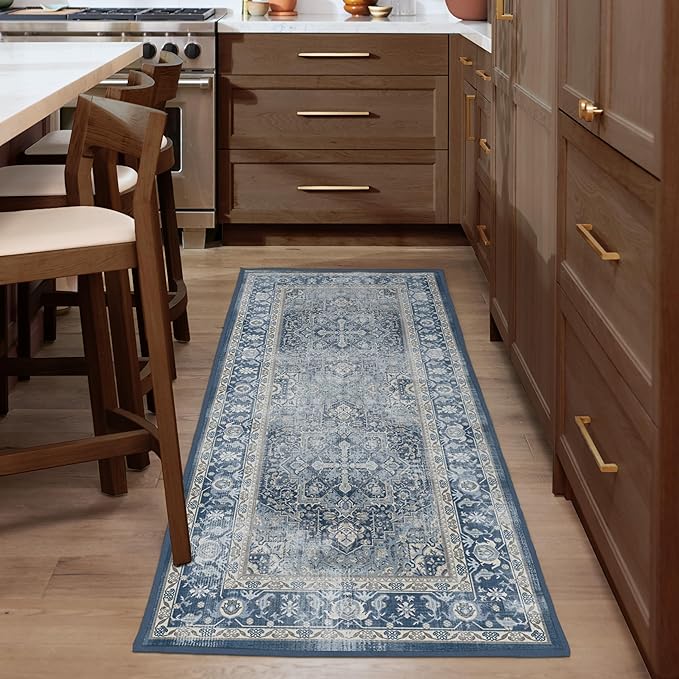 RUGGABLE Washable Area Rug – Kamran Admiral Blue 6 ft Round, Stain-Resistant, Non-Slip – Medium Machine Washable Rugs for Living Room, Bedroom, Hallway, Entryway & Office–with Cushioned Pad