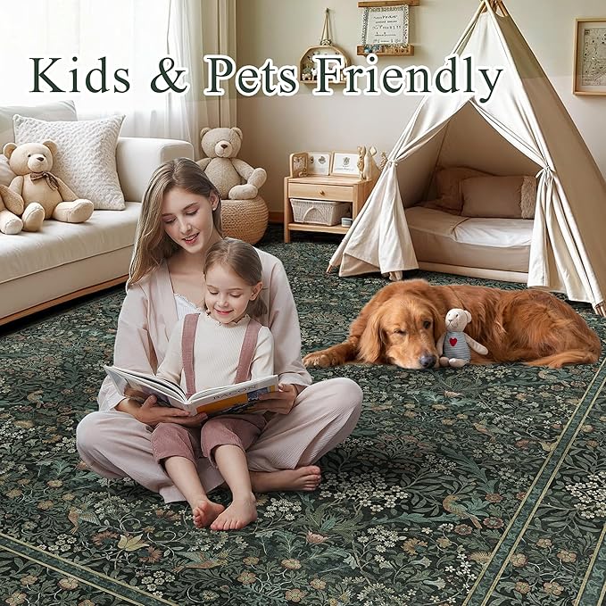 3x5 Floral Washable Area Rug for Living Room, Vintage Boho Rug for Bedroom Dining Room， Distressed Botanical Birds Non Slip Low Pile Forest Animal Throw Carpet for Farmhouse Office, Dark Green
