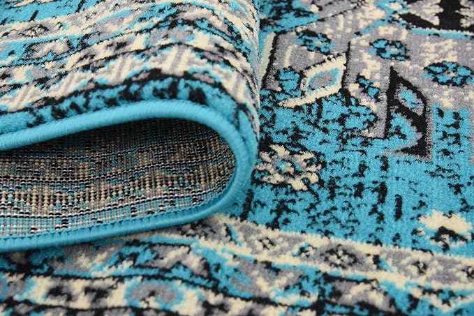 Unique Loom Taftan Collection Border Geometric Tribal Inspired Design Area Rug, 2 ft 7 in x 10 ft, Turquoise/Gray