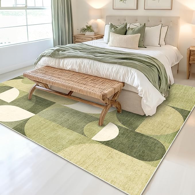 5x7 Area Rugs Green Washable Rug for Living Room Bedroom,Large Modern Geometric Non Slip Carpet for Dining Room Farmhouse Office