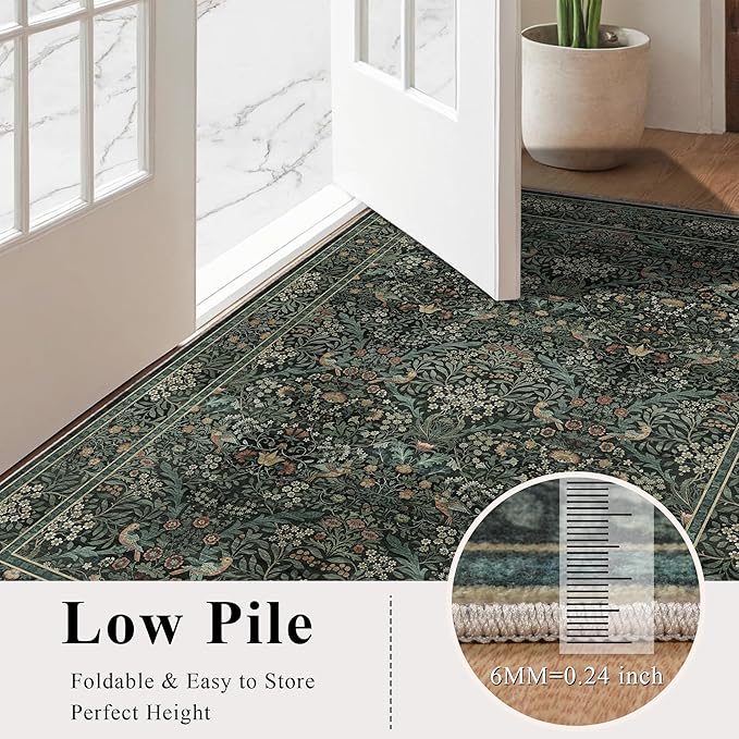 9x12 Floral Washable Area Rug for Living Room, Vintage Boho Large Rug for Bedroom Dining Room， Distressed Botanical Birds Non Slip Low Pile Forest Animal Throw Carpet for Farmhouse Office, Dark Green
