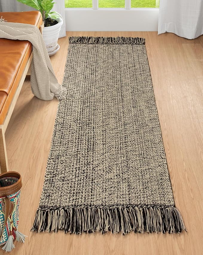 Collive Kitchen Runner Rug, 2x4.3 Hand-Woven Reversible Washable Bathroom Runner Rug for Entryway, Natural/Black Cotton Woven Boho Farmhouse Front Door Rug for Bedroom Entry Kitchen Floor Door Decor