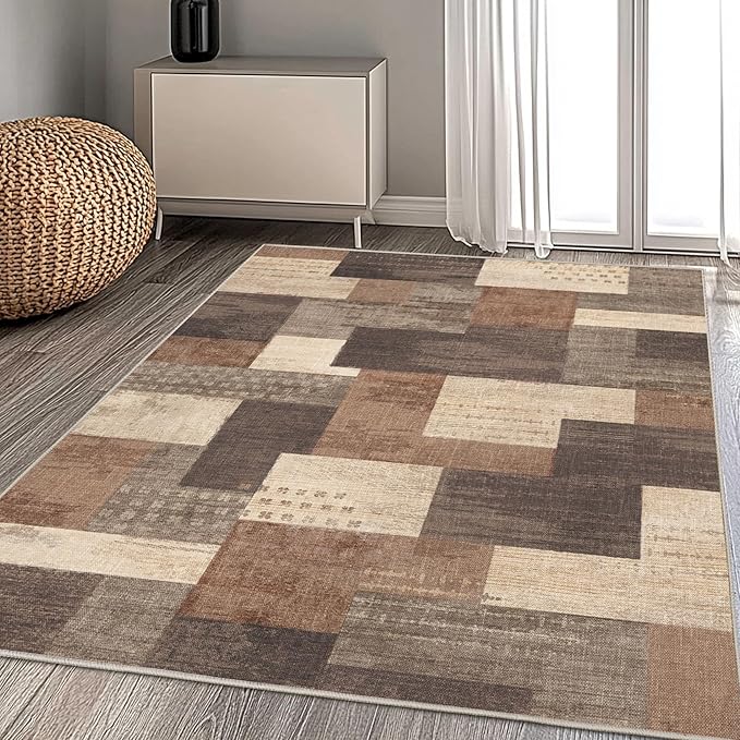 Modern Geometric Patchwork Indoor Area Rug for Living Room, Beige 5'x 7' Large Rug Rockwood Collection Hardwood Floors Decor for Bedroom, Beige Throw Carpet for Office Entryway Dining Room