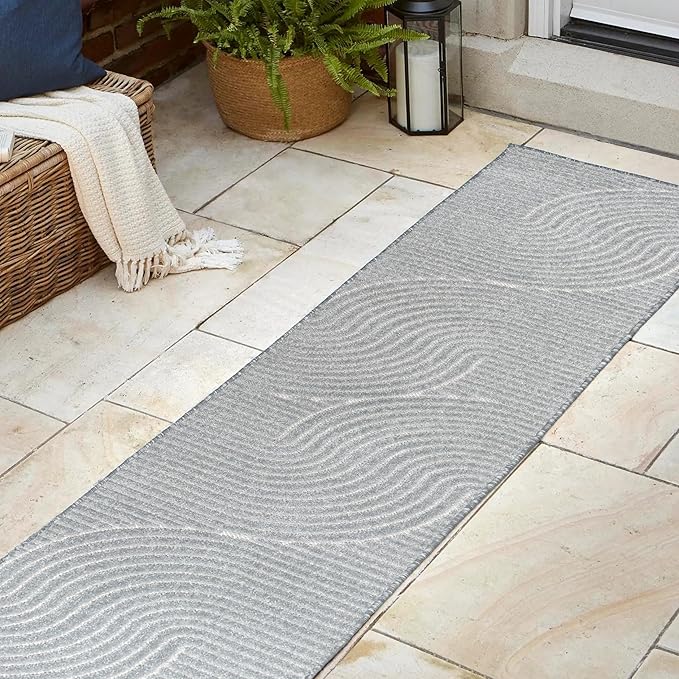 JONATHAN Y Hallie High-Low Curve Light Blue/Cream 2x8 Indoor/Outdoor Runner Rug, Minimalist Geometric, Pet Friendly, for Patio, Backyard, Living Room, Bedroom, Office, Hose-Washable (SCN100E-28)