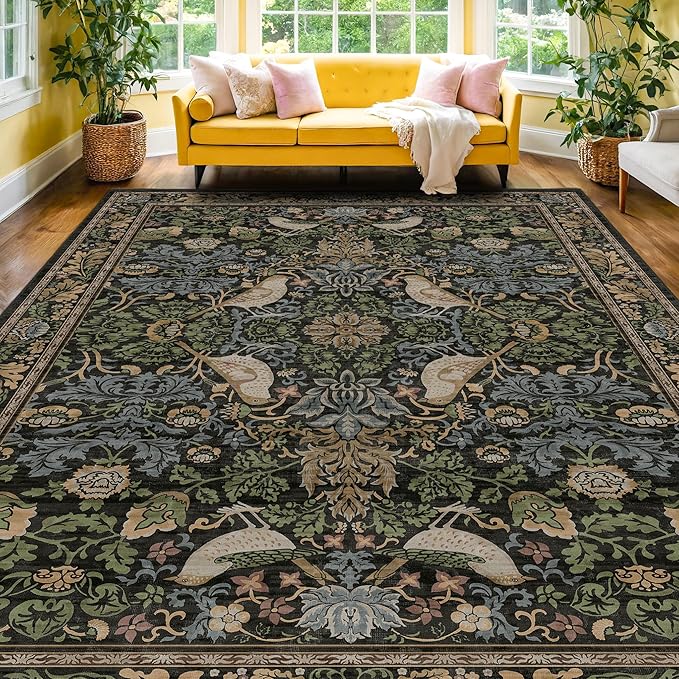 Vintage 9x12 Dining Room Rugs for Under Table - Dark Botanical & Bird Patterned Rugs for Living Room, Bedroom Under Bed, Traditional Cottage Brown and Green Décor, Washable Non Slip Folable Carpet