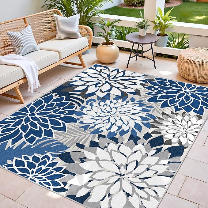 Colorful 8x10 Outdoor Area Rug Washable Multicolored Patio Rug Tropical Botanical Floral Chenille Waterproof Outdoor Carpet Non-Slip for Deck, Backyard, Porch, Blue