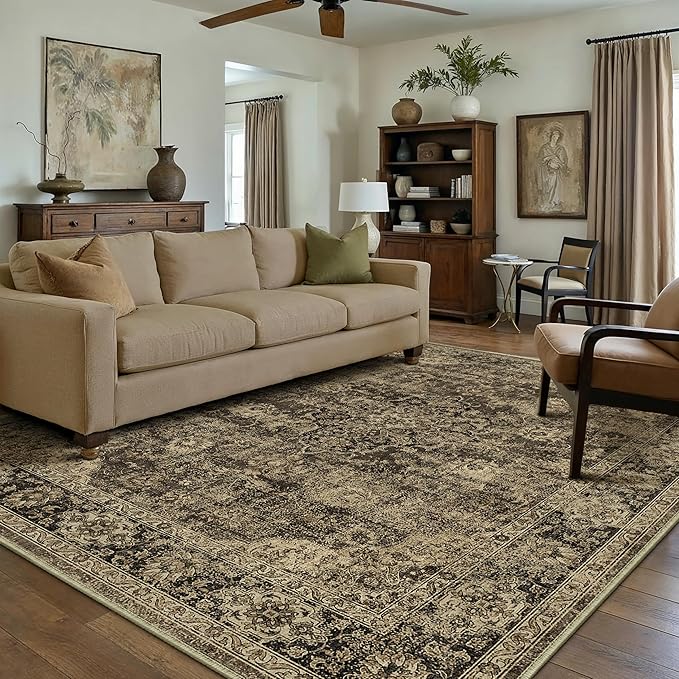 HUGEAR Retro Brown Area Rug 9x12 Machine Washable Living Room Rugs Distressed Vintage Floral Low Pile Carpet Bedroom Office Dining Room Laundry Room Non Slip Soft Lightweight