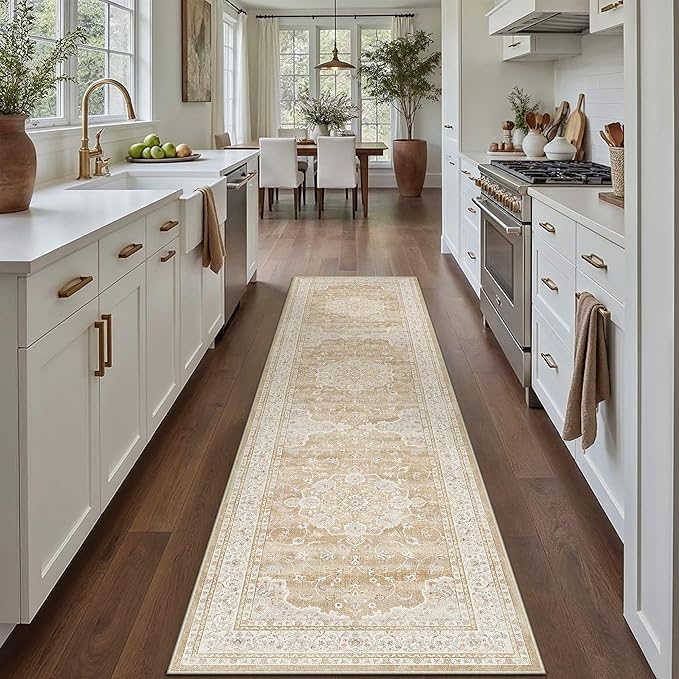 HUGEAR Machine Washable Hallway Runner Rugs 2x8 Vintage Beige Brown Neutral Style Non Slip Stain Resistant Low Pile Throw Carpet for Bedroom Kitchen Retro Aesthetic Modern Decor