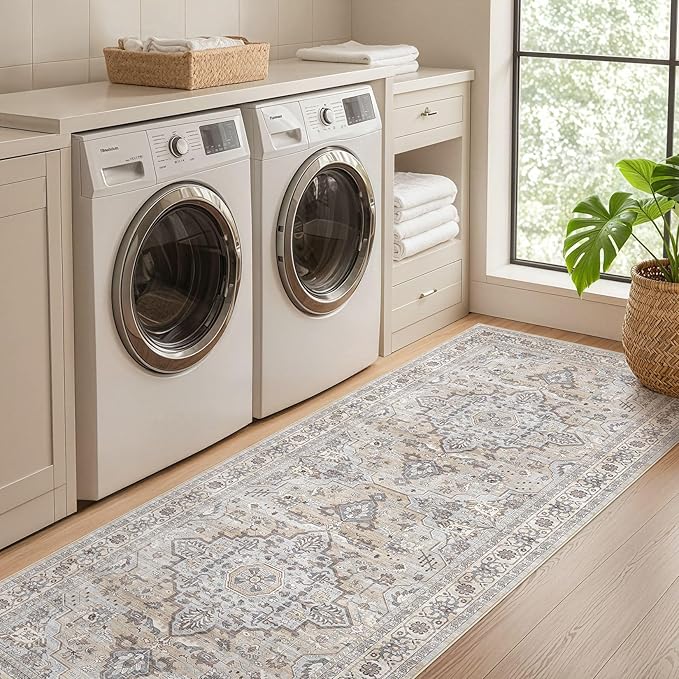 Runner Rug Kitchen Washable Rugs: 3x8 Non-Slip Boho Soft Vintage Stain Resistant Indoor Floor Neutral Farmhouse Throw Carpet for Hallway Bathroom Laundry Room Entryway Bedroom- Ivory Gray