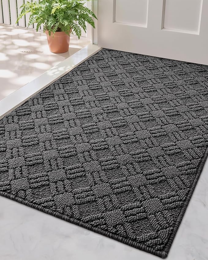 LUMI Indoor Door Mat, Absorbent Non-Slip Thin Doormat, Washable Door Mats, Woven Pattern Inside Floor Mat, Ideal for Entryway, Front Door, Home Decor, 32"x48", Woven Grey