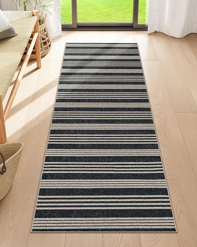 Lahome Striped Easy Jute Runner, 2x6 Kitchen Runner Rug Non Slip Washable Outdoor Rug for Entryway Indoor, Farmhouse Indoor Outdoor Black Carpet for Hallway 6ft Entry Front Door