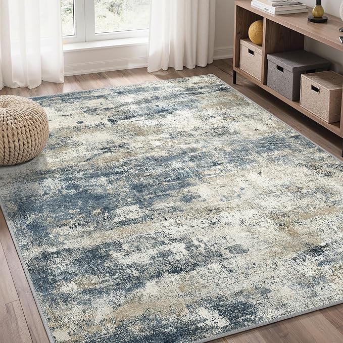 GENIMO 4x6 Rug for Entryway Washable Area Rug, Modern Abstract Small Rugs for Entrance Living Room, Bedroom Beside Rugs, Non-Slip Low Pile Lightweight Soft Carpet, Navy Blue