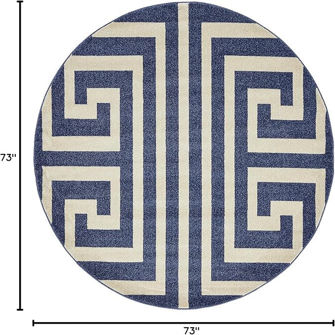 Unique Loom Athens Collection Classic Geometric Modern Border Design Area Rug (6' 0 x 6' 0 Round, Navy Blue/ Beige)