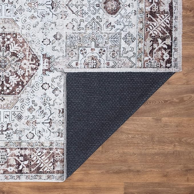 Bloom Rugs Caria Washable Non-Slip 6x9 Rug - Beige/Brown Traditional Area Rug for Living Room, Bedroom, Dining Room, and Kitchen - Exact Size: 6' x 9'