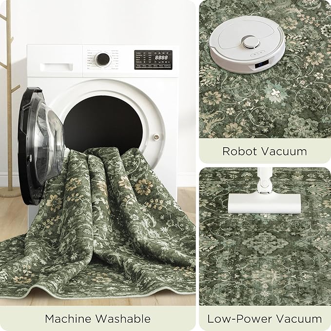 9x12 Area Rug for Living Room, Soft Large Rugs Green Washable Carpet, Indoor Vintage Rugs for Bedroom Dining Room Office, Rubber Backed Non Slip Low Pile Mat, Dark Olive Green