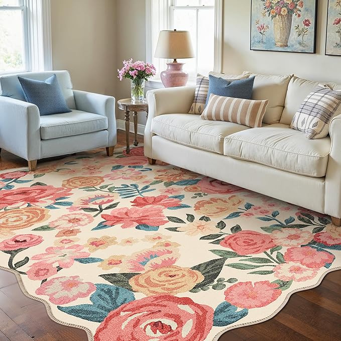 Washable Floral Area Rug 3x5 Beige Office Carpet Scalloped Flower Non Slip Soft Entrance Door Mat Farmhouse Low Pile Thin Indoor Floor Cover for Kitchen Bathroom Bedroom Laundry Living Room