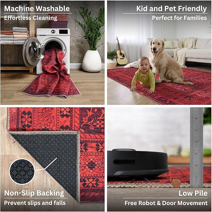 Bloom Rugs Washable Non-Slip 5' x 7' Rug - Red Traditional Bordered Area Rug for Living Room, Bedroom, Dining Room, and Kitchen - Exact Size: 5' x 7'