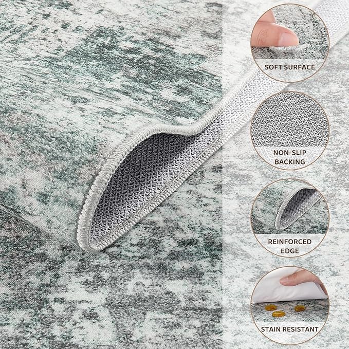 5x7 Area Rug Living Room Rugs - Washable Neutral Modern Abstract Soft Thin Large Rug Indoor Floor No Slip Rug Carpet for Bedroom Under Dining Table Home Office Decor - Green/Grey