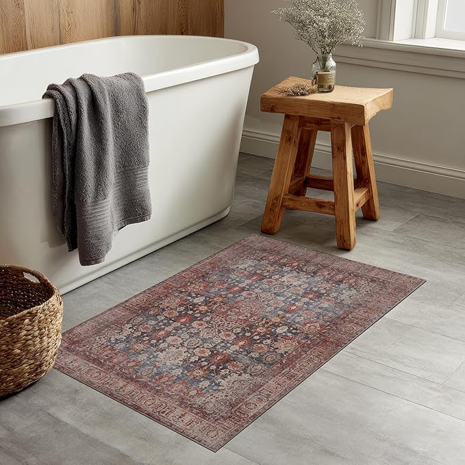 Kuden Area Rug, Machine Washable, Non-Slip Backing, Vintage Style, Soft, Low Pile, Perfect for Living Room, Bedroom, Kitchen, Dining Room - [2x3, Blue/Red/Beige]